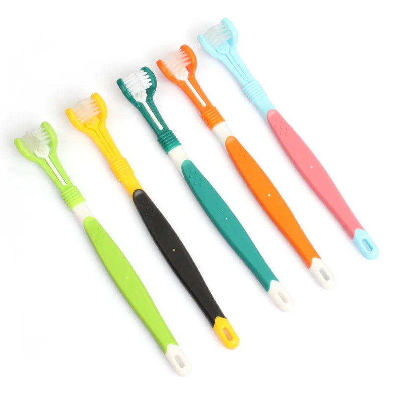 Escova de Dentes para Pets de Três Lados, Escova Multiangular com Três Cabeças para Limpeza de Cães e Gatos, Ferramenta de Higiene Bucal e Cuidados com o Mau Hálito.