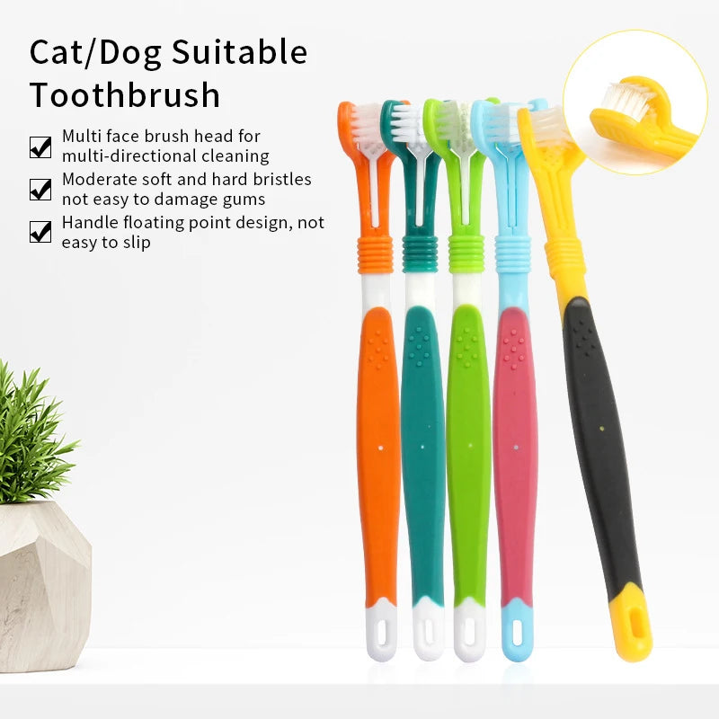 Escova de Dentes para Pets de Três Lados, Escova Multiangular com Três Cabeças para Limpeza de Cães e Gatos, Ferramenta de Higiene Bucal e Cuidados com o Mau Hálito.