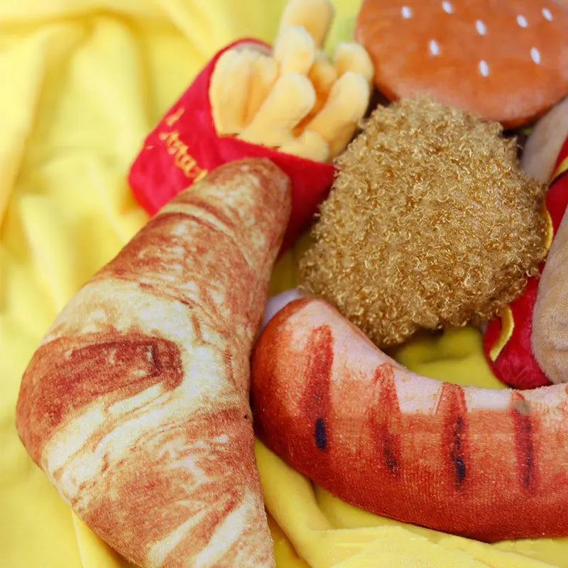 Brinquedos de Pelúcia para Cachorros Acessórios para Cães Brinquedo Macio com Apito Resistente a Mordidas para Mastigar e Morder em Formato de Sorvete, Batata Frita e Hambúrguer.