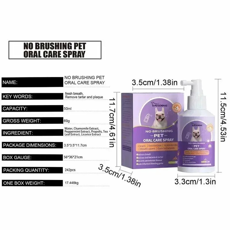 Spray Bucal para Pets 50ml - Limpeza Oral para Cães e Gatos, Hálito Fresco, Limpeza dos Dentes, Desodorante Bucal, Prevenção de Cálculo Dental, Elimina o Mau Hálito de Filhotes, Produtos para Animais de Estimação