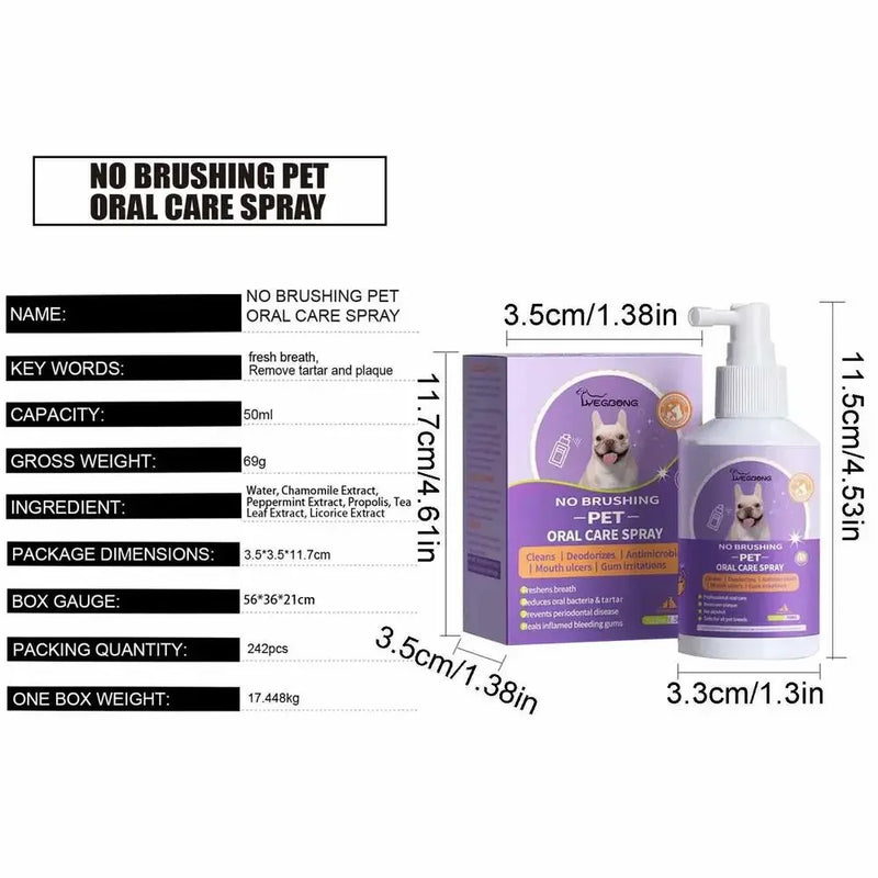 Spray Bucal para Pets 50ml - Limpeza Oral para Cães e Gatos, Hálito Fresco, Limpeza dos Dentes, Desodorante Bucal, Prevenção de Cálculo Dental, Elimina o Mau Hálito de Filhotes, Produtos para Animais de Estimação