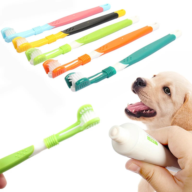 Escova de Dentes para Pets de Três Lados, Escova Multiangular com Três Cabeças para Limpeza de Cães e Gatos, Ferramenta de Higiene Bucal e Cuidados com o Mau Hálito.