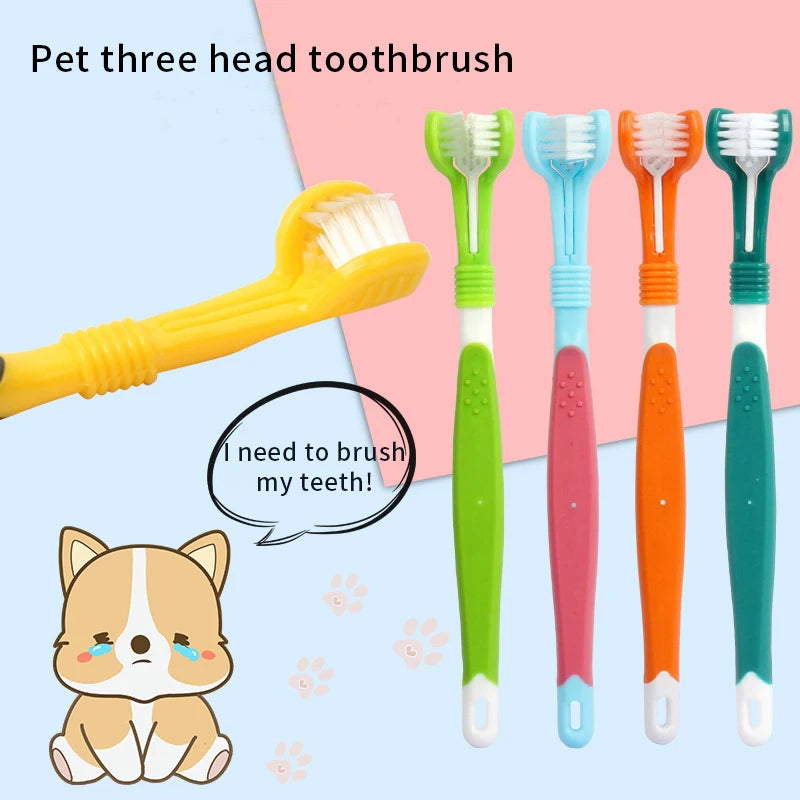 Escova de Dentes para Pets de Três Lados, Escova Multiangular com Três Cabeças para Limpeza de Cães e Gatos, Ferramenta de Higiene Bucal e Cuidados com o Mau Hálito.